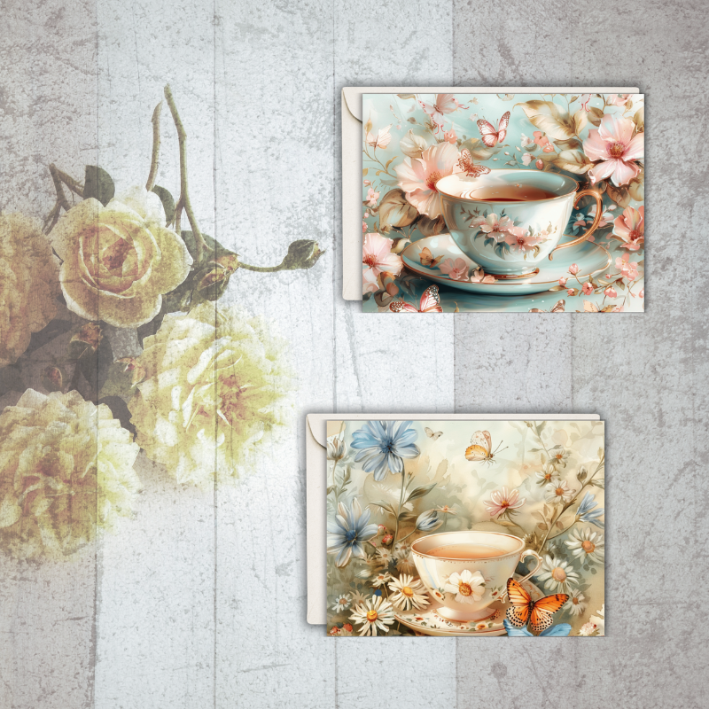 Tea & Tranquility Notecard Set – Pack of 8 Vintage Teacup Greeting Cards