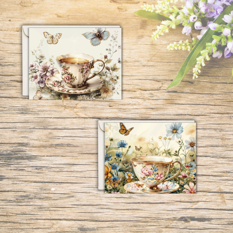 Tea & Tranquility Notecard Set – Pack of 8 Vintage Teacup Greeting Cards