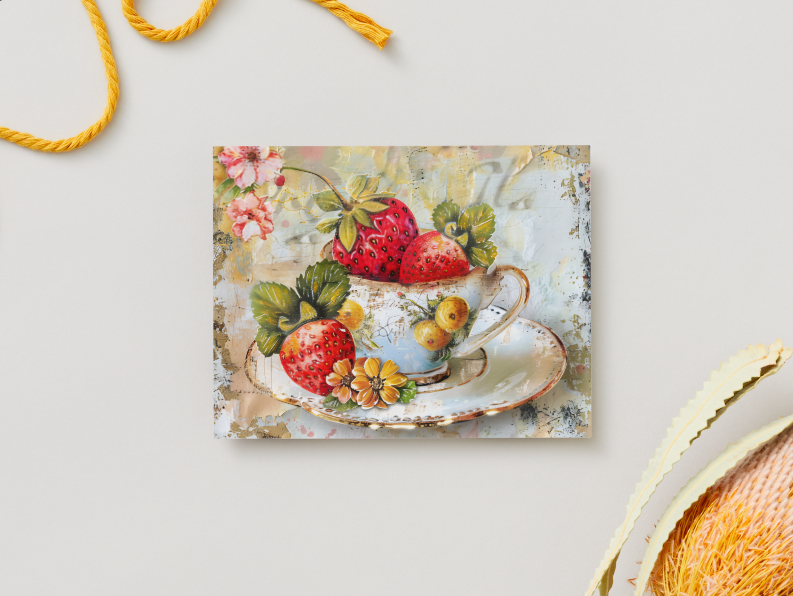 Strawberry Tea Cup Notecard Set - Pack of 8