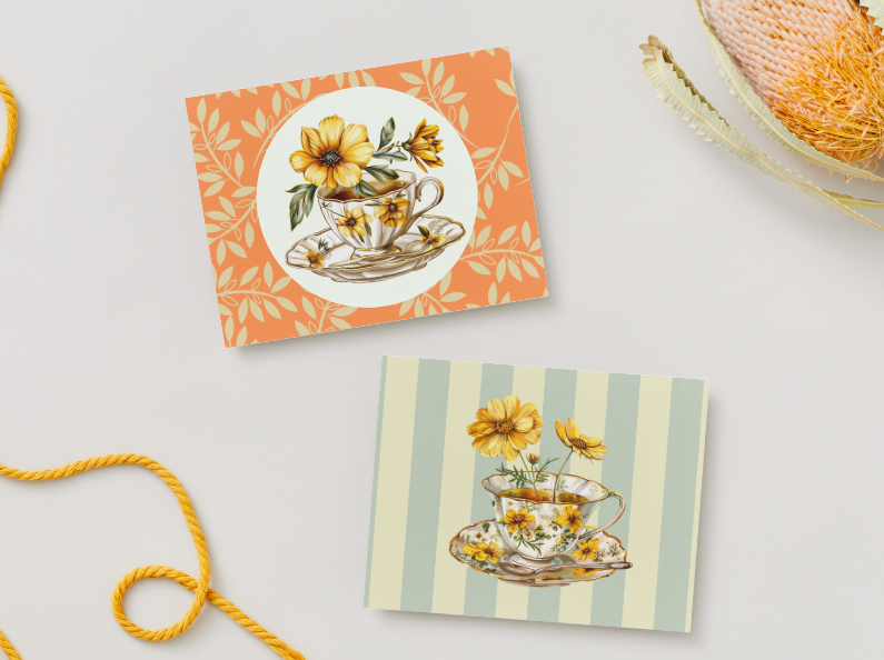 Vintage Floral Teacup Notecards – Set of 12 with Envelopes
