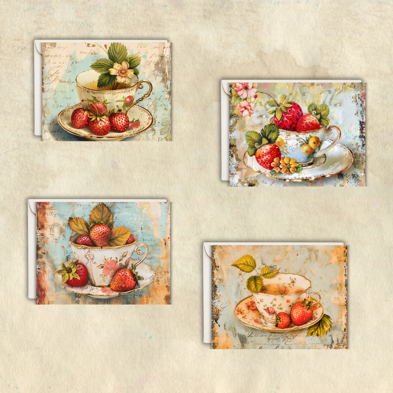 Strawberry Tea Cup Notecard Set - Pack of 8