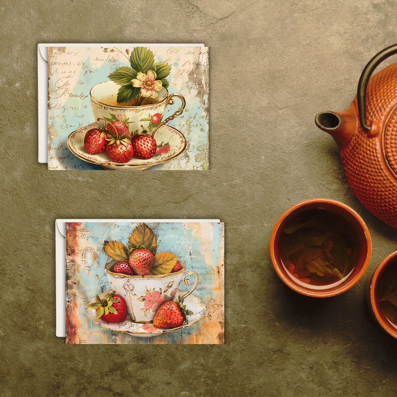 Strawberry Tea Cup Notecard Set - Pack of 8