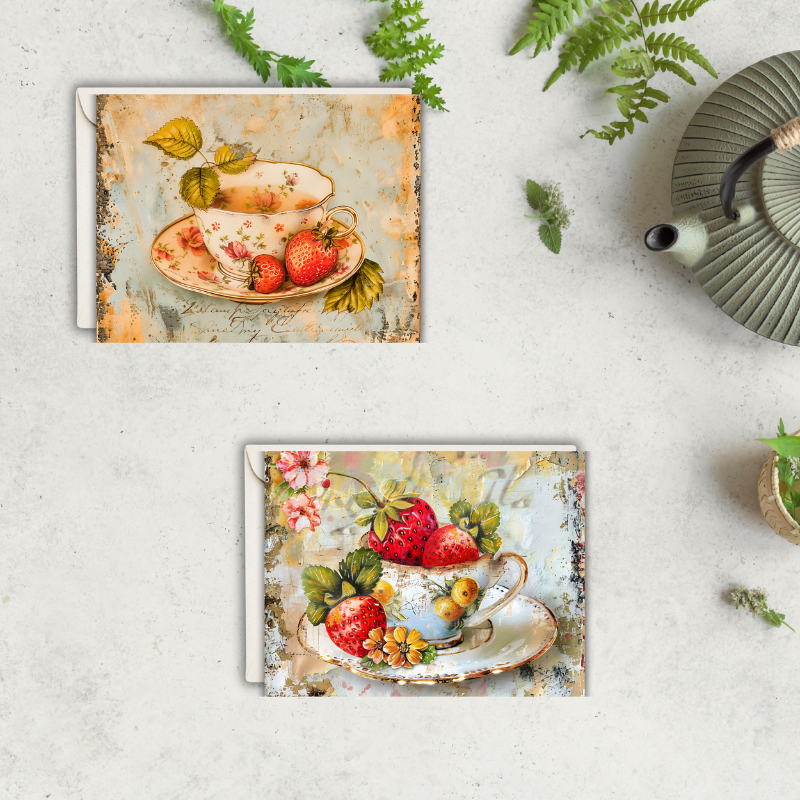 Strawberry Tea Cup Notecard Set - Pack of 8