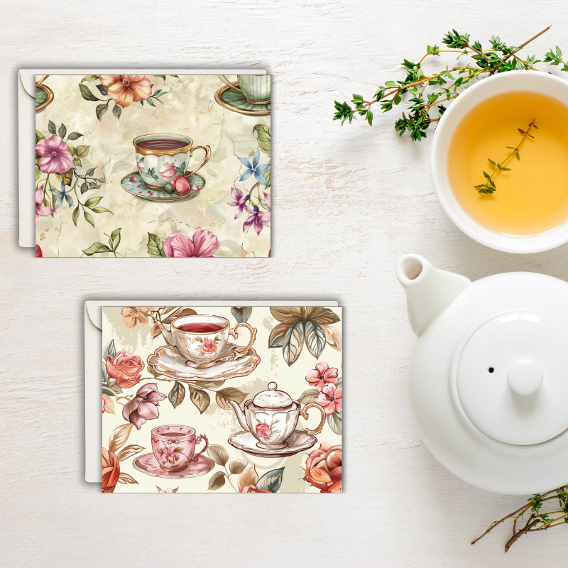 Elegant Vintage Tea Set Notecards - Boxed Set of 8