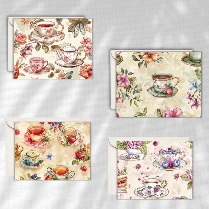 Elegant Vintage Tea Set Notecards - Boxed Set of 8