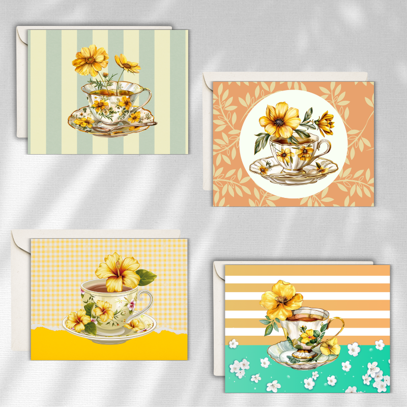 Vintage Floral Teacup Notecards – Set of 8 with Envelopes