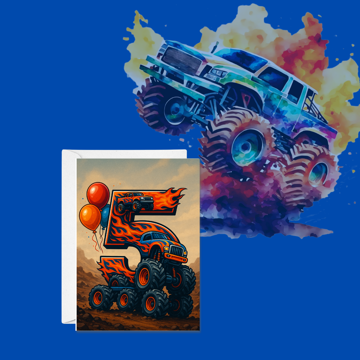 Monster Truck Birthday Card for 5-Year-Old – Includes Stickers & Envelope – 5x7 Blank Greeting Card