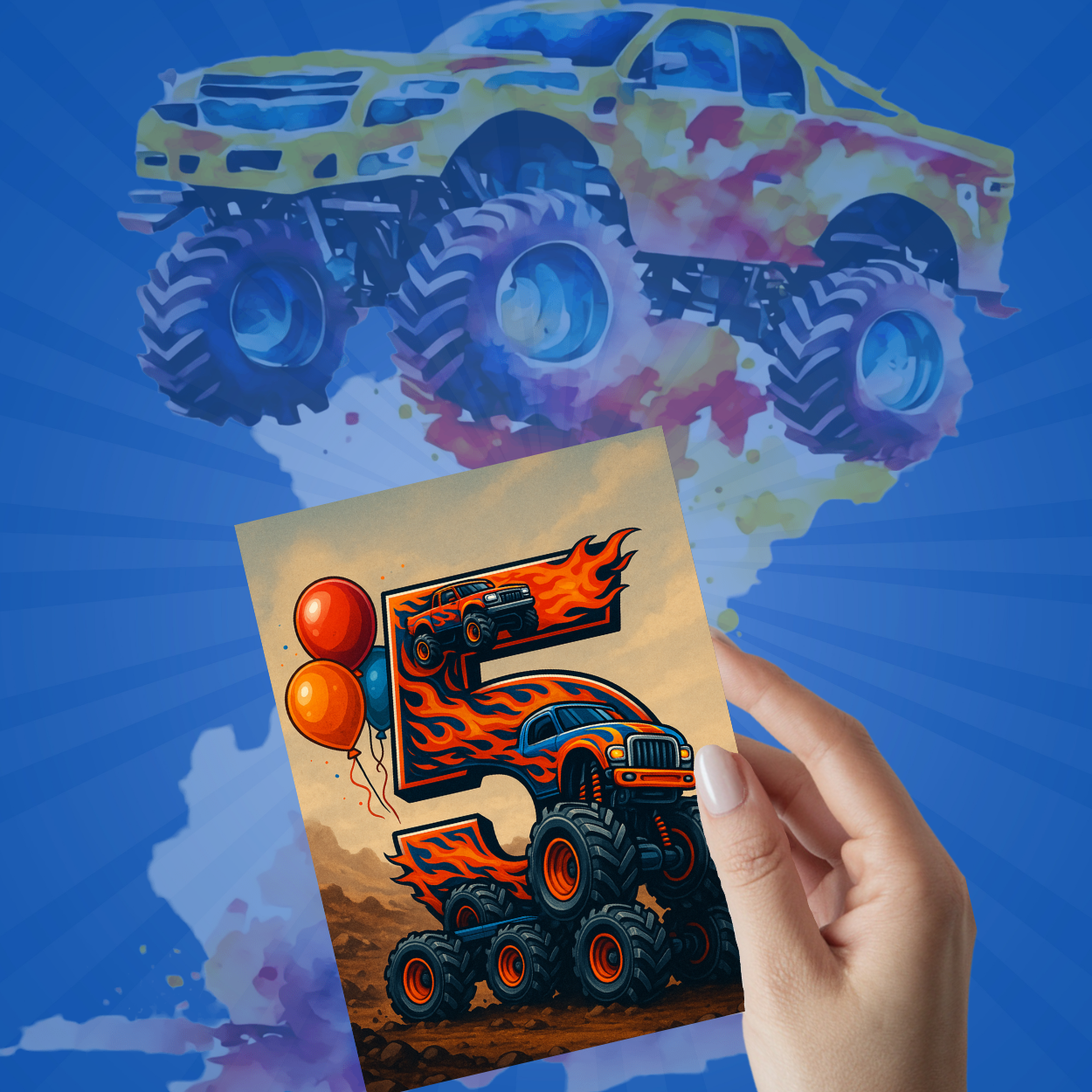 Monster Truck Birthday Card for 5-Year-Old – Includes Stickers & Envelope – 5x7 Blank Greeting Card
