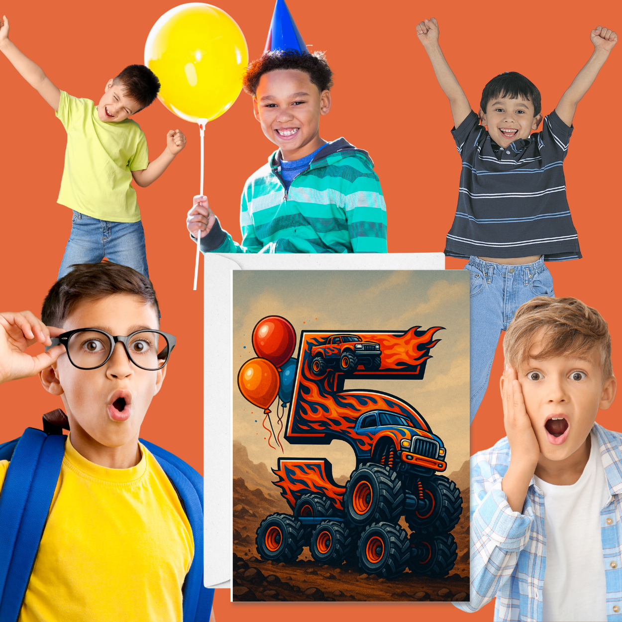 Monster Truck Birthday Card for 5-Year-Old – Includes Stickers & Envelope – 5x7 Blank Greeting Card