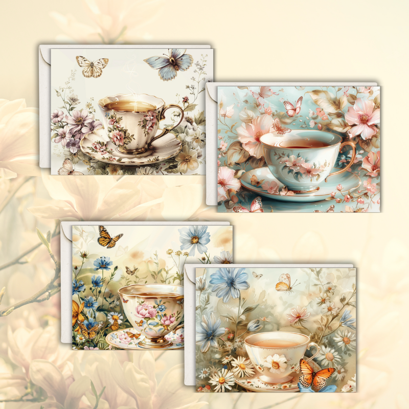 Tea & Tranquility Notecard Set – Pack of 8 Vintage Teacup Greeting Cards