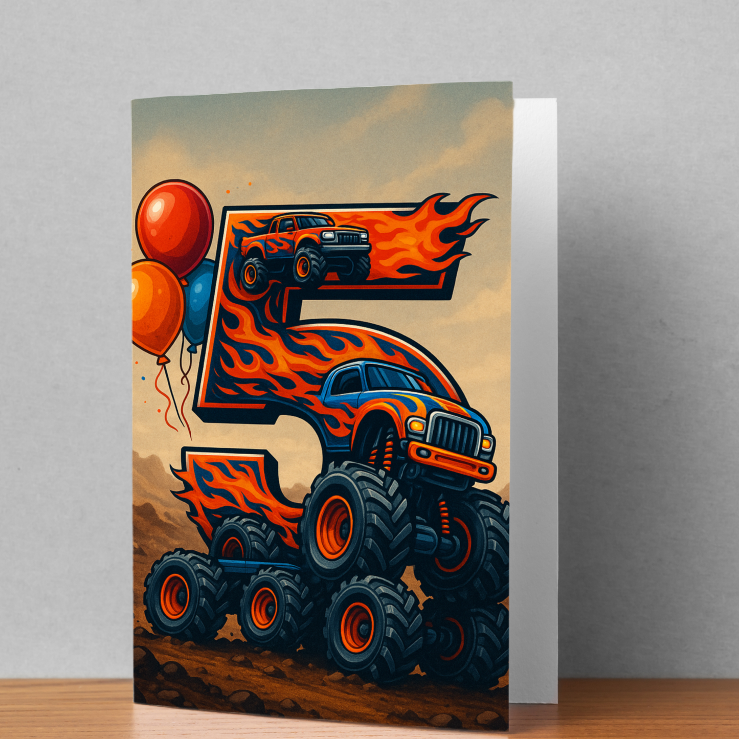 Monster Truck Birthday Card for 5-Year-Old – Includes Stickers & Envelope – 5x7 Blank Greeting Card