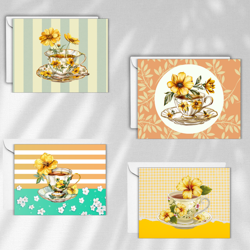 Vintage Floral Teacup Notecards – Set of 12 with Envelopes